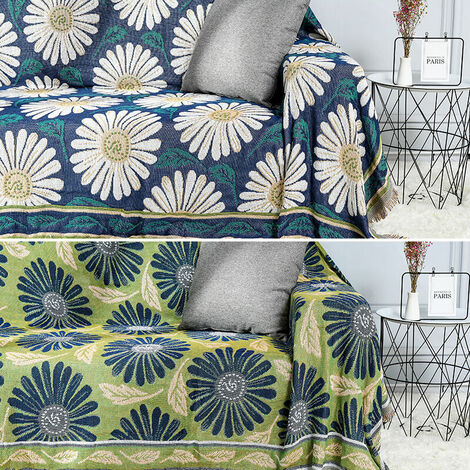Housse de Canapé Jeté de Canapé Tricotée Jacquard Jeté de Lit Antidérapage Tapis de Salon Couverture de Fauteuil Décorative Multi-usages Chrysanthème blanc (couleur recto-verso) 180230cm