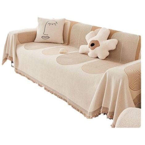 Housse de canapé réversible en chenille, couverture de canapé pour chiens, protection de canapé multifonctionnelle, motif de lignes géométriques, antidérapante, avec pompon Beige 180×280cm