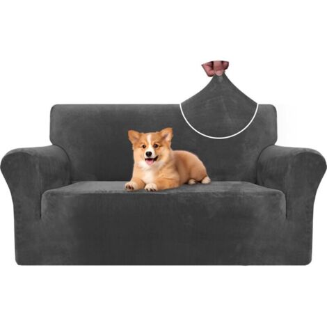 Housse De Canape Velour 2 Places, Housse Canape Extensible avec Accoudoirs, Universelle Sofa Cover Antidérapante, Protection Couvre Canapé Anti Poils Animaux, Lavable, Gris