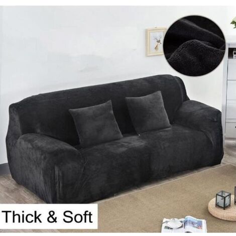 Housse de Canapé Velours 4 Places 235-300cm Élastique Spandex Revêtement de Canapé Épais Noir