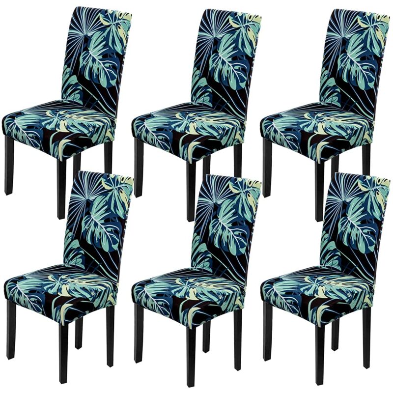 Housse de Chaise Moderne Dossier Haut - 6 pièces, Couverture Amovible Lavable (Feuilles Bleues)