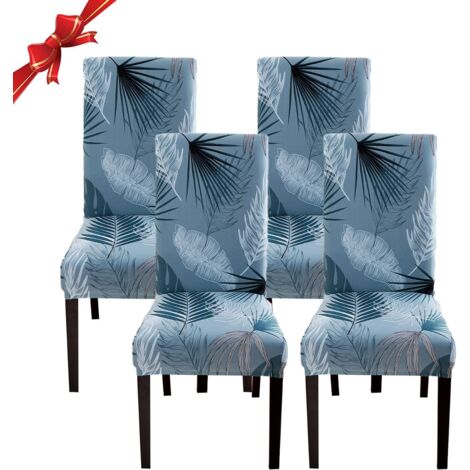 Housse de Chaise Salle à Manger Extensible 4 Pièces,Housse de Chaise Universelle Lavables,Couverture de Chaise,Feuilles Bleues