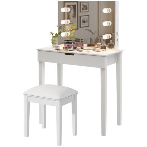 Housse de coiffeuse blanche, coiffeuse avec tiroirs, tabouret de maquillage et miroir éclairé par LED, blanc, 1254080cm.