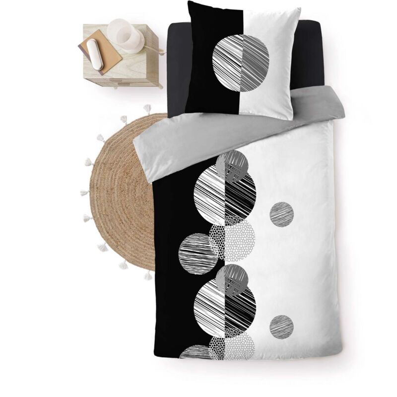Housse de couette 140x200 cm + taies - Ronds Noir et Blanc