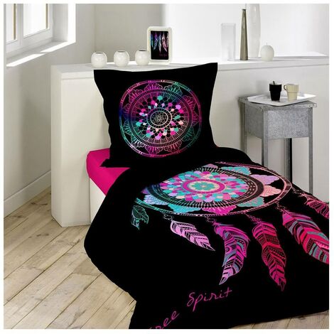 Housse de Couette - 140 x 200 cm + taie - Porte-bonheur - Attrape-rêve - Noir