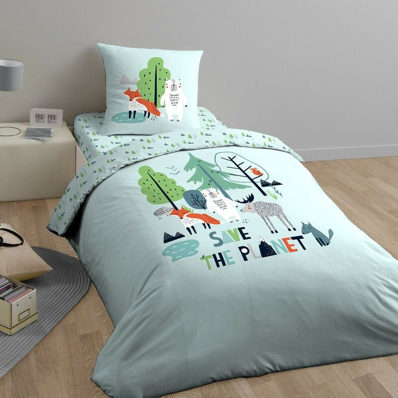 Housse de couette 140x200 Save the planet + taie 100% coton bio 57 fils