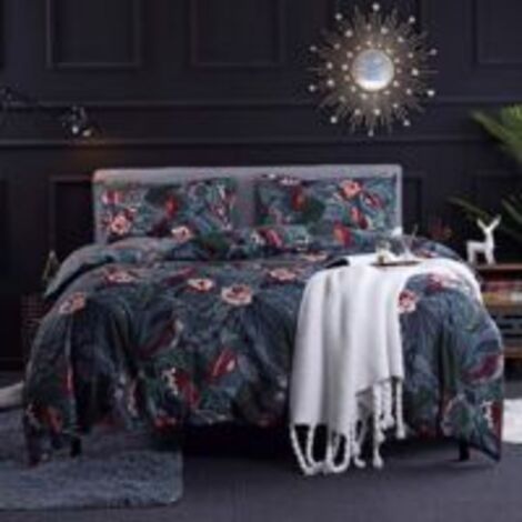 Housse de couette 200x200 cm réversible bleu nuit – Parure de lit motif fleurs roses – 2 taies d'oreiller 50x75 cm avec fermeture éclair
