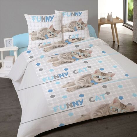 Housse de couette 200x200 Funny cat + 2 taies coton 41 fils