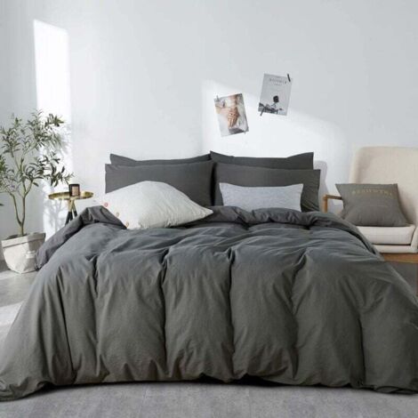 Housse de Couette 200x230 cm Coton Gris Anthracite Uni avec Fermeture Éclair et 2 Taies d'Oreiller