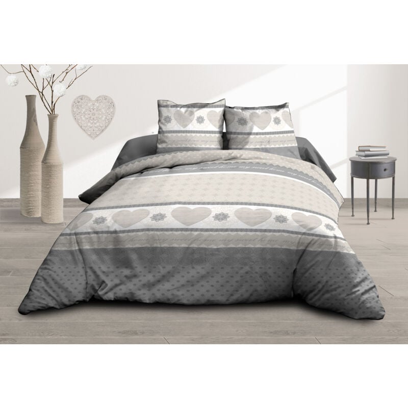 Le Linge De Jules - Housse de couette 220x240 + 2 taies - Pur coton 57 fils - Coeurs gris