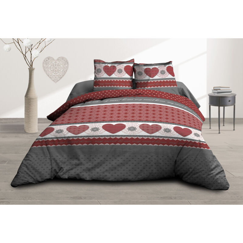 Le Linge De Jules - Housse de couette 220x240 + 2 taies - Pur coton 57 fils - Coeurs rouge