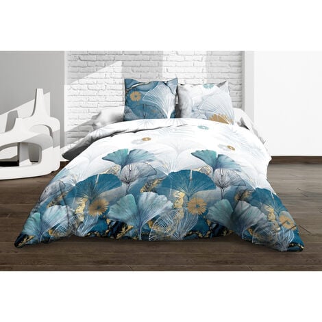 Housse de couette 220x240 + 2 taies - Pur coton 57 fils - Ginko bleu