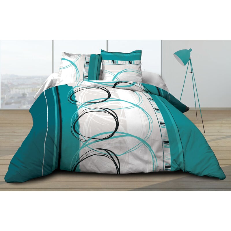 Le Linge De Jules - Housse de couette 220x240 + 2 taies Pur coton 57 fils - Roue Libre Turquoise