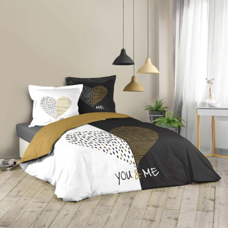 Housse de couette 220x240 cm – 2 taies 100% coton – Imprimé cœur 'you and me' – Lavable en machine – Fermeture à boutons pression – Cdaffaires