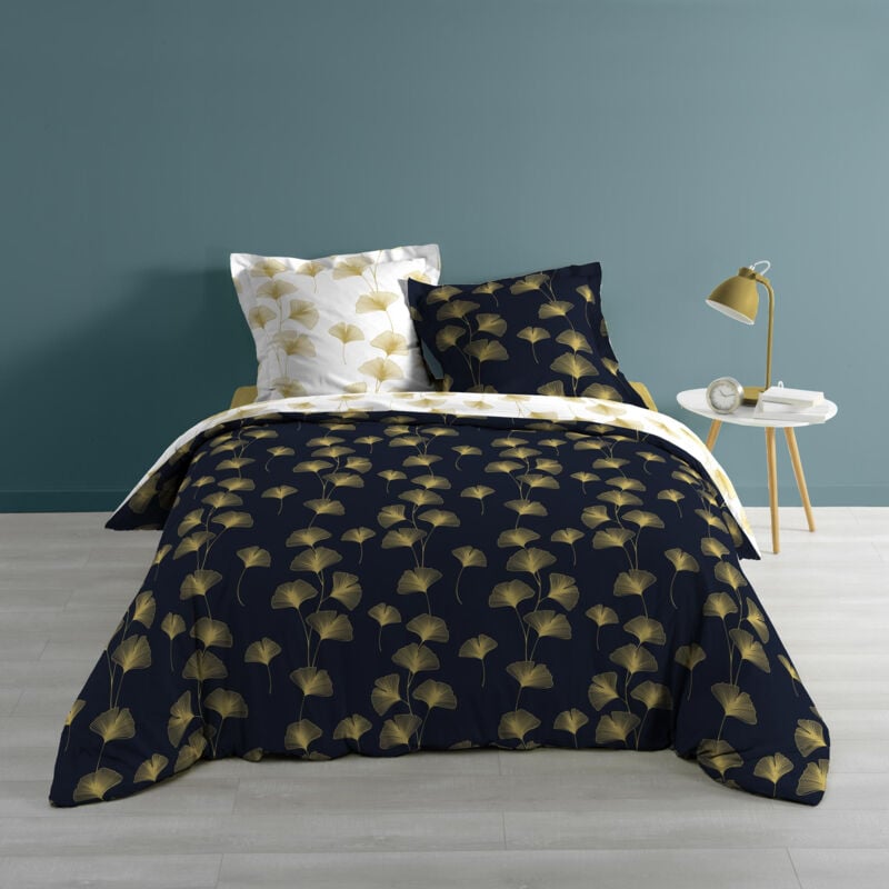 Douceur D'intérieur - Housse de couette 220x240 cm réversible + taies Bloomy Marine/or