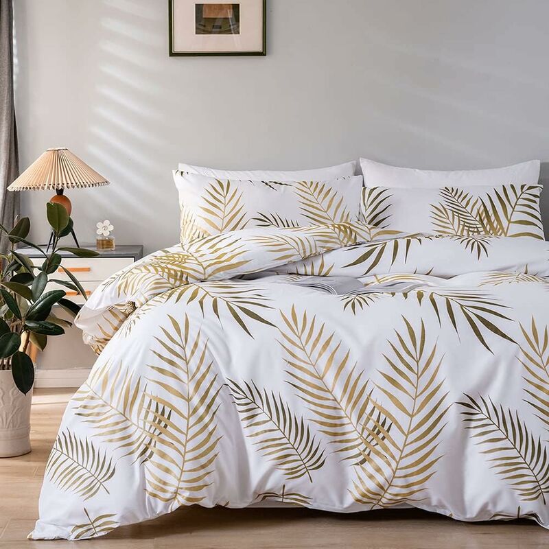 Housse de Couette 220x240 Motif Feuilles de Palmier Tropicales Or et Blanc Parure de Lit Botanique Fermeture Éclair - Linge de Lit 2 Personnes Adulte