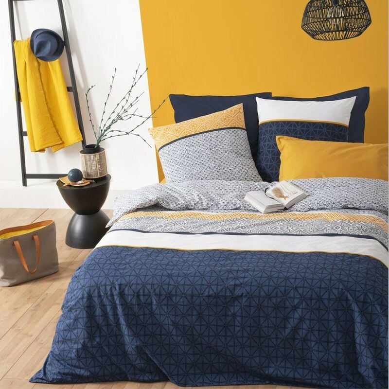 Atmosphera - Housse de couette 220x240 Rayures ethniques bleu + 2 taies 100% coton 57 fils