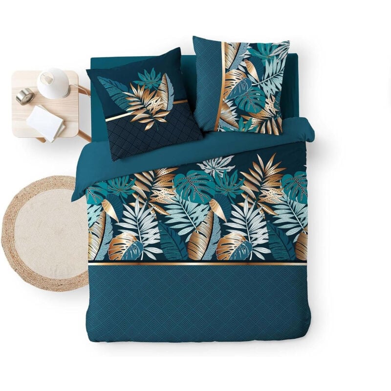 Housse de couette 240 x 220 cm + 2taies Coton 42 fils Alianor bleu