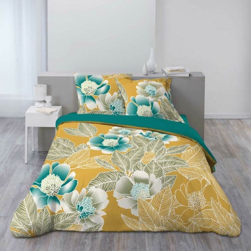 Ligne Decor - Housse de couette 240 x 220 cm coton 42 fils + 2 taies Florella jaune