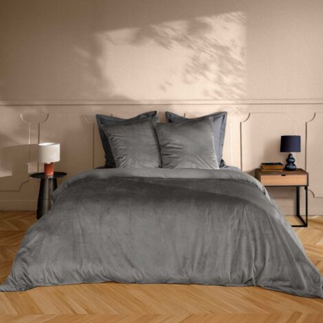 Housse de Couette 240 x 220 cm – Velours Uni – Velina Anthracite + 2 Taies
