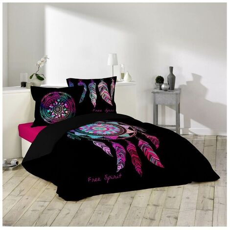 Housse de couette - 240 x 260 cm + taies - Porte-bonheur - Attrape-rêve - Noir