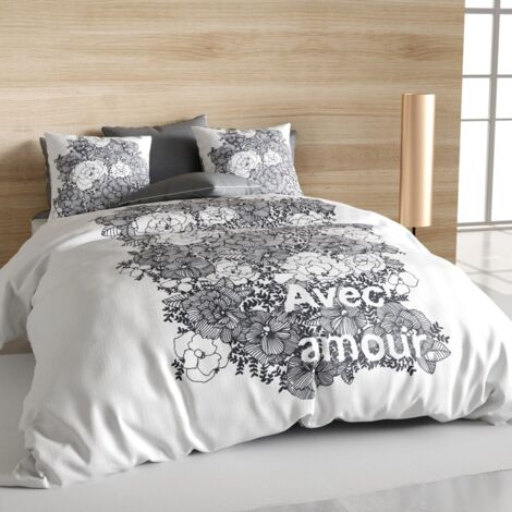 Housse de couette 240x220 Avec Amour + 2 taies coton bio 47 fils