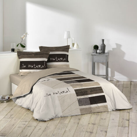 Housse de couette 240x220 cm – 2 taies d'oreiller 100% coton – Imprimé feuilles et bois – Fermeture boutons pression – Cdaffaires