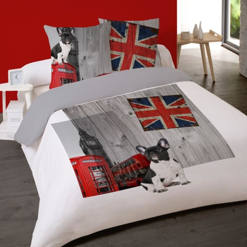 Dourev - Housse de couette 240x220 dog in london + 2 taies 100% coton