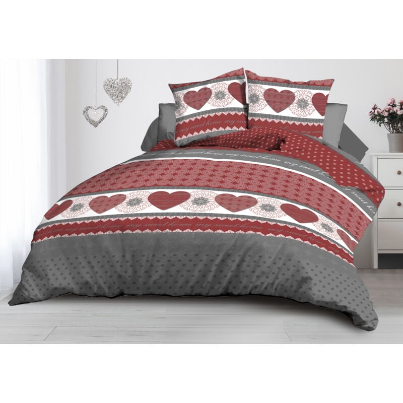 Le Linge De Jules - Housse de couette 240x260 + 2 taies - Microfibre - Coeurs rouge