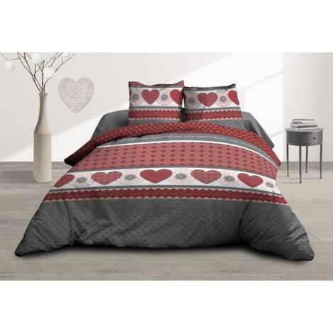 Housse de couette 240x260 + 2 taies - Pur coton 57 fils - Coeurs rouge
