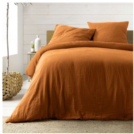 Housse de couette 260 x 240 cm + 2 taies – Gaze de coton uni 57 fils – ANGELIA Caramel