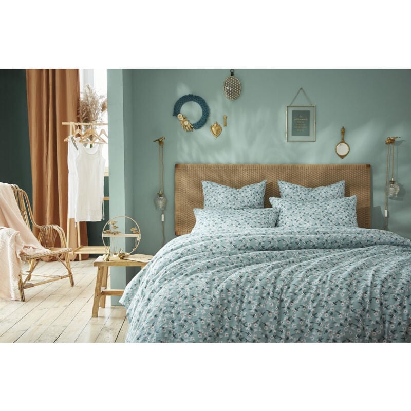 L'effet Papillon - Housse de couette 260 x 240 cm double gaze de coton imprimée Marguerite Bleu