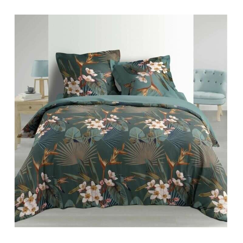 Housse de couette - 260 x 240 cm + taies - percale 78 fils - Florale et colibri