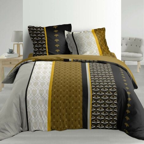 Housse de couette - 260 x 240 cm + taies - Percale 78 fils - Motifs graphiques noir, moutarde et gris