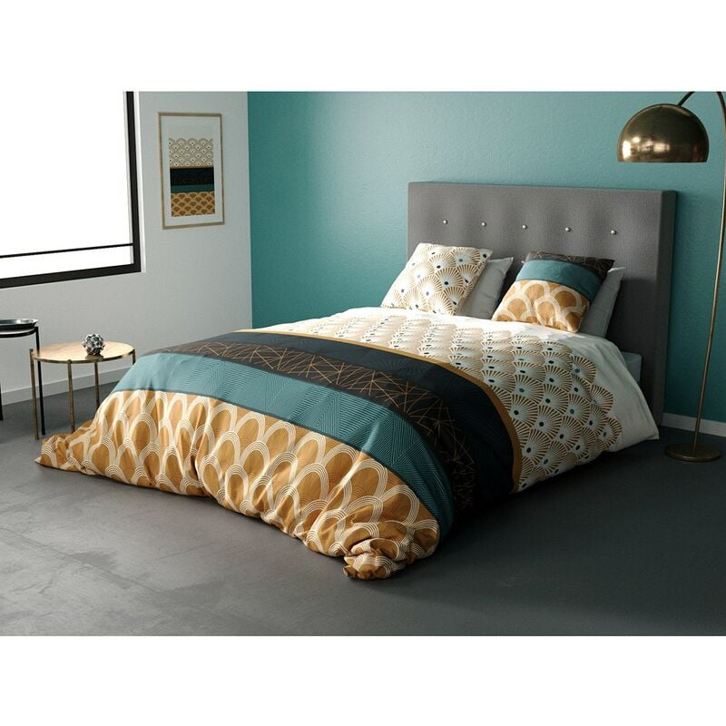 Housse de couette 260x240 Bangui + 2 taies 100% coton 57 fils - Bleu