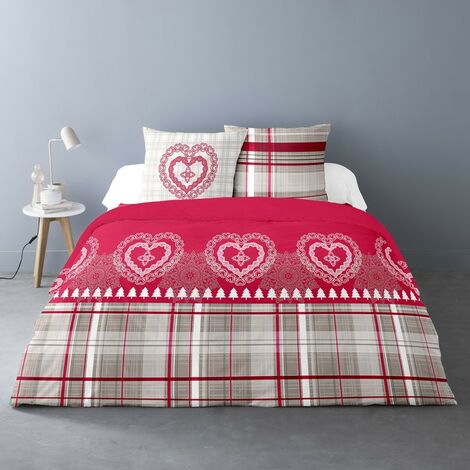 Housse de couette 260x240 Cœur de charme + 2 taies coton flanelle