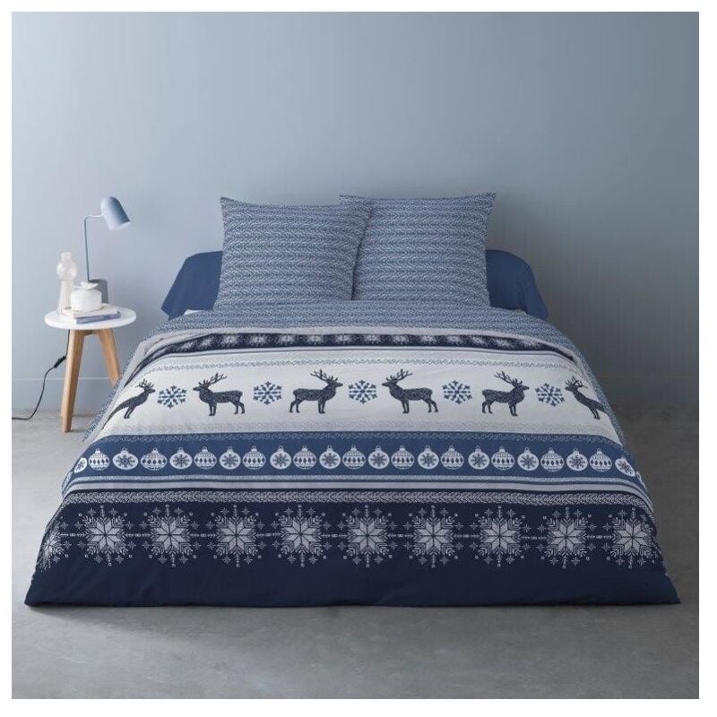 Dourev - Housse de couette 260x240 fenris bleu + 2 taies matière Polaire