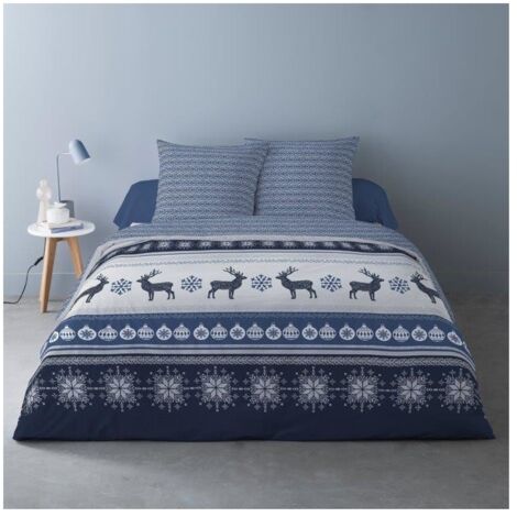 Housse de couette 260x240 FENRIS BLEU + 2 taies matière Polaire