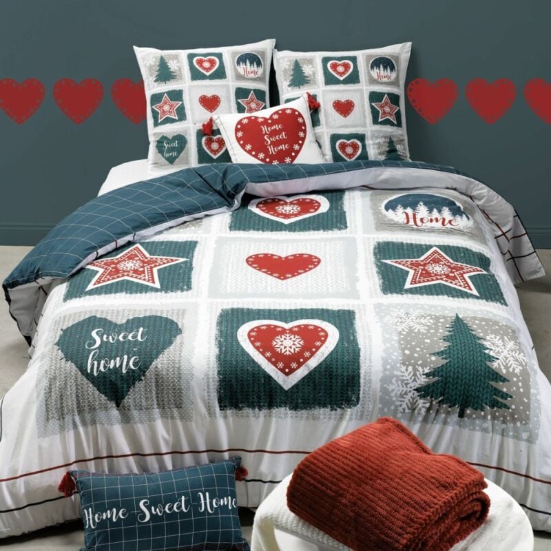 Atelier Du Coton - Housse de couette 260x240 Home Sweet Home + 2 taies coton 57 fils