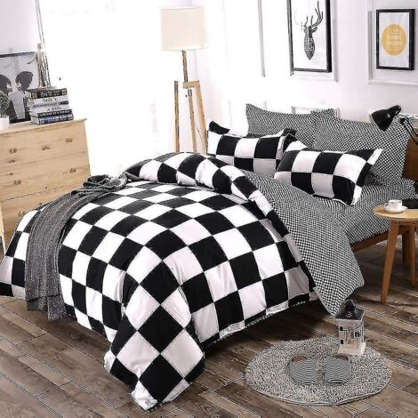Housse de couette à carreaux + 2 taies d'oreiller - Parure de lit réversible géométrique noire et blanche pour 2 adultes