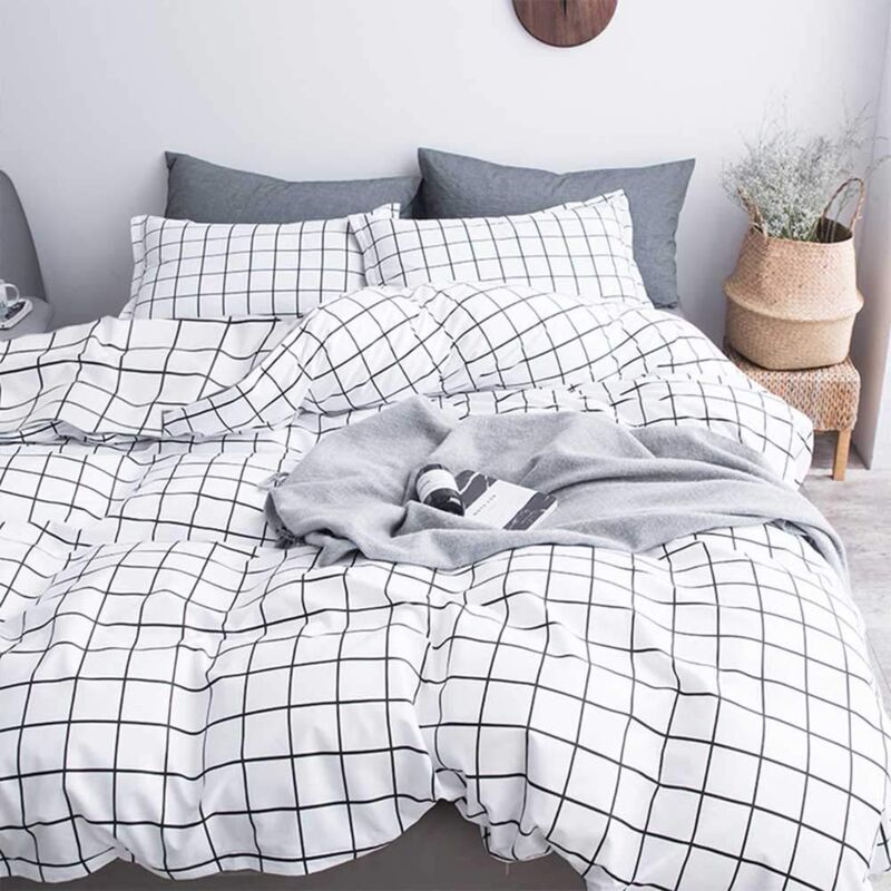 Housse de Couette à Carreaux Noir et Blanc 180x200 + 2 Taie d'oreiller 50x74 cm - Parure Linge de Lit Carreaux Imprimé avec Fermeture Éclair