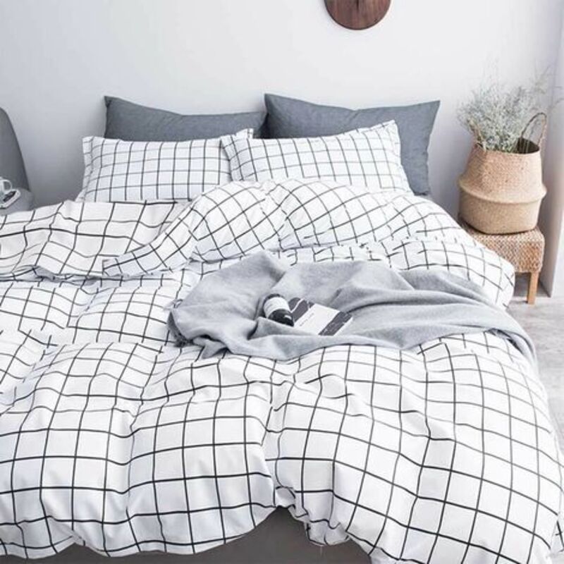 Housse de Couette à Carreaux Noir et Blanc 200x200 + 2 Taie d'oreiller 5075 cm - Parure de Lit Adulte 2 Personnes en Microfibre - Linge de Lit