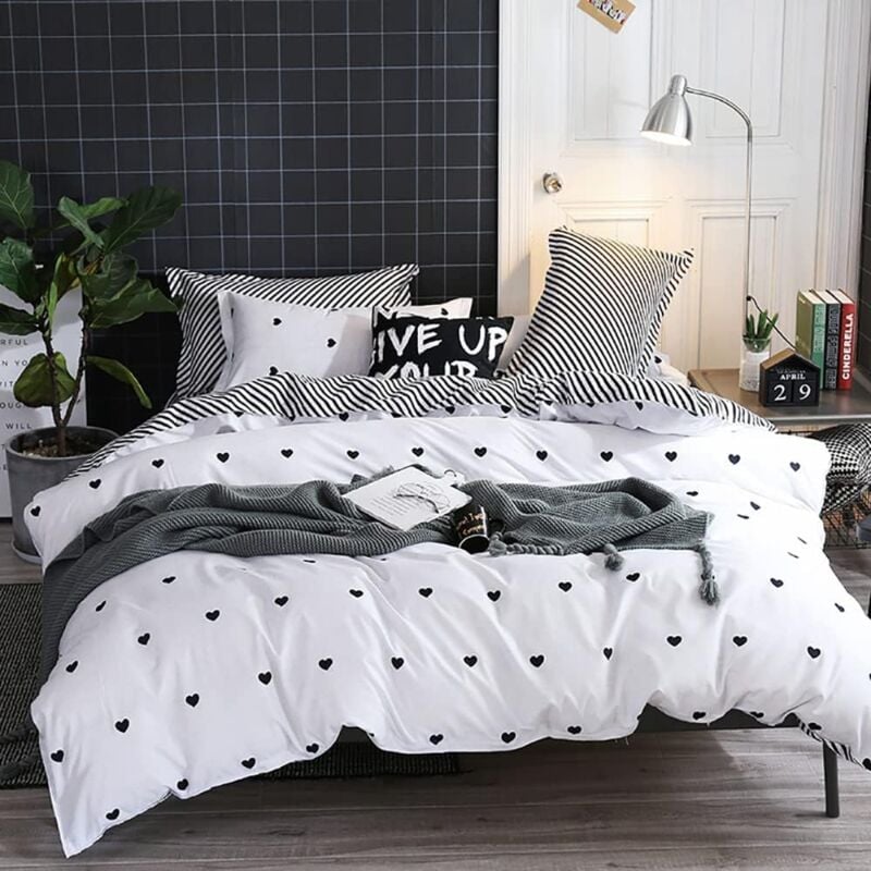 Housse de Couette Cœur 200x200 Blanche avec 2 Taies d'oreiller 50x75 cm Parure de Lit Noir et Blanc en Microfibre - Linge de Lit 2 Personnes Adulte