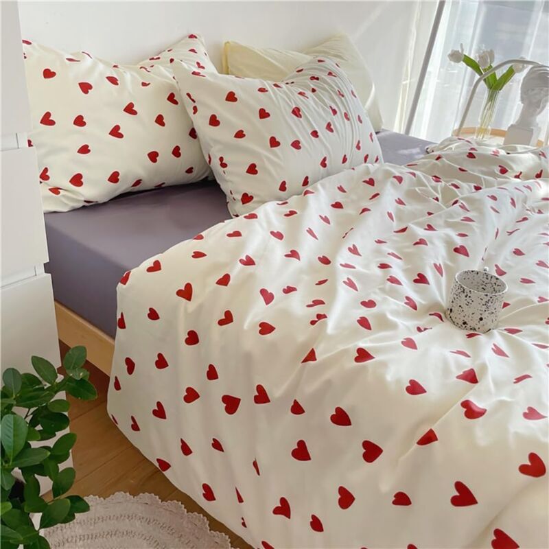 Housse de Couette Cœur 200x230 Rouge avec 2 Taies d'oreiller 48x73 cm - Parure de Lit Rouge et Blanche en Microfibre - Linge de Lit 2 Personnes