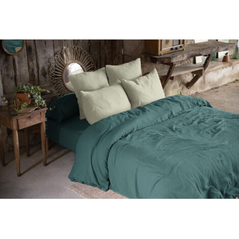 Housse de couette double gaze de coton 240x220 cm 2 taies Bleu/Vert