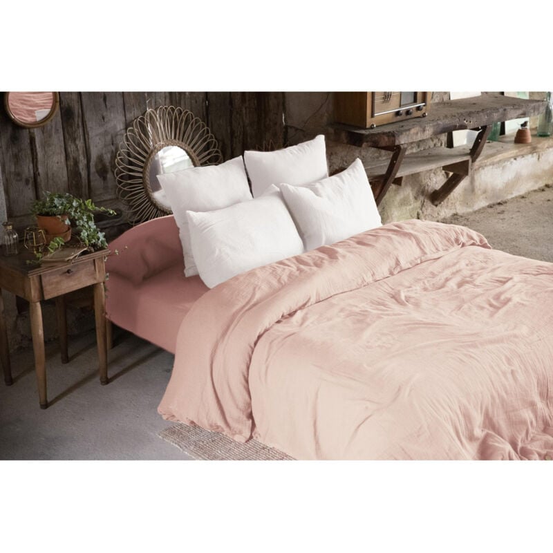 L'effet Papillon - Housse de couette double gaze de coton 240x220 cm 4 taies Rose/Blanc