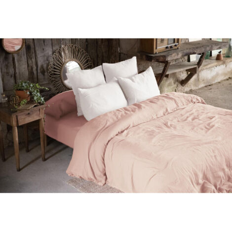 Housse de couette double gaze de coton 240x220 cm 4 taies Rose/Blanc