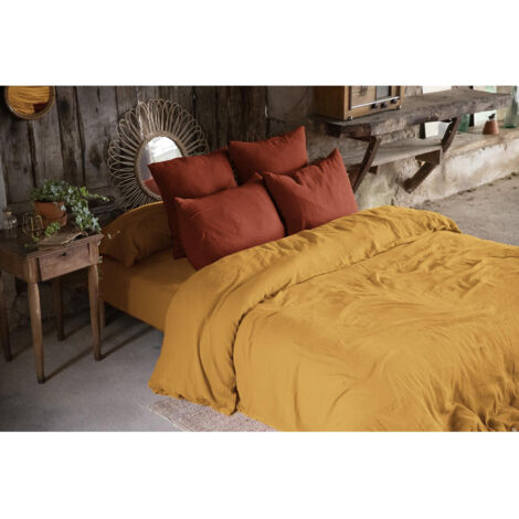 Housse de couette double gaze de coton Bio 240x220 cm 4 taies Safran/Terracotta
