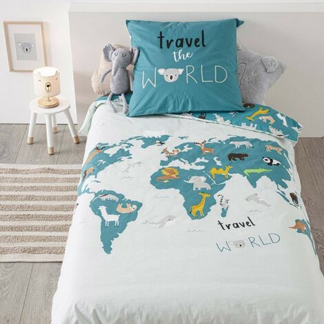 Housse de couette enfant 140x200 Carte du monde + taie 100% coton 57 fils