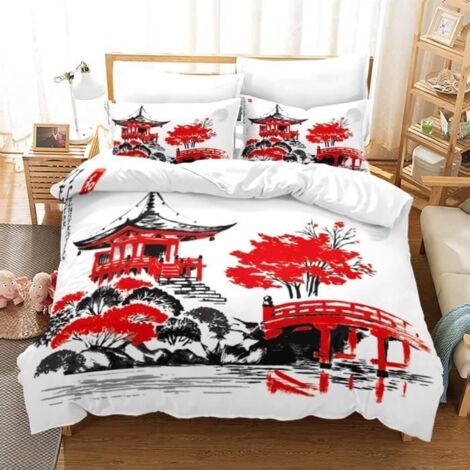 Housse de Couette Paysages Chinois Peinture à L\'encre, Parure de Lit Motif Fleur Plante avec Taie d\'oreiller 200x200cm [8627]